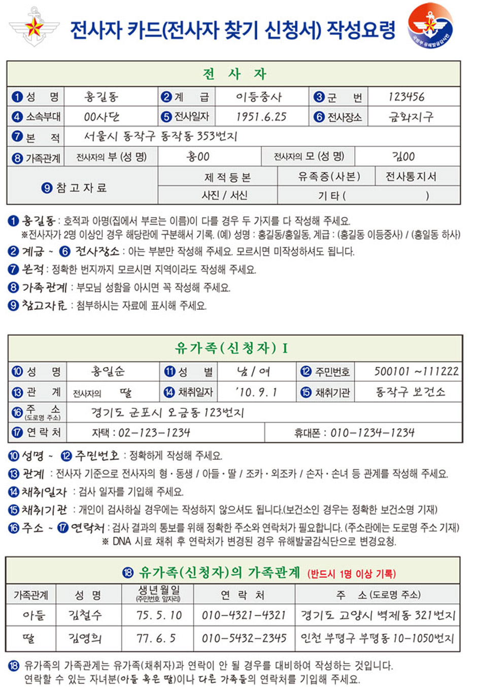 전사자 카드(전사자 찾기 신청서) 작성 요령
