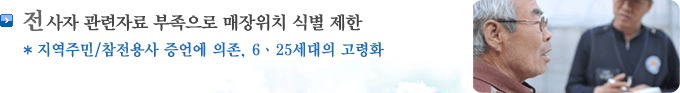 전사자 관련자료 부족으로 매장위치 식별제한 지역주민/참전용사 증언에 의존, 6.25세대의 고령화