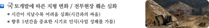 국토 개발에 따른 지형변화/전투현장 훼손심각 시간이 지날수록 어려움심화(시간과의 싸움),향후 5년간 중요한 시기로 인식(사업 성패를 가름)