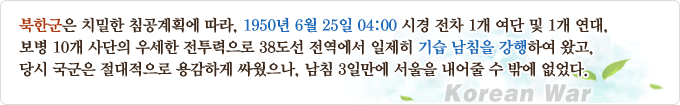 북한군은 치밀한 침공계획에 따라, 1950년 6월 25일 04:00 시경 전차 1개 여단 및 1개 연대, 보병 10개 사단의 우세한 전투력으로 38도선 전역에서 일제히 기습 남침을 강해아여 왔고, 당시 국군은 절대적으로 용감하게 싸웠으나, 남침 3일만에 서울을 내어줄 수 밖에 없었다.