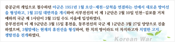 중공군의 개입으로 철수하던 아군은 1951년 1월 오산-제천-삼척을 연결하는 선에서 새로운 방어선을 형성하고, 1월 25일 대반격을 개시하여 서부전선의 미 제1군단은 2월 10일 인천-김포를 거쳐 예하의 국군 제1사단이 3월 15일 수도 서울을 입성하였다. 중부전선의 미 제9군단은 3월 15일 홍천을, 동부전선의 국군 제1군단은 3월 27일 양양으로 진출하였으며, 3월말에는 현재의 휴전선을 형성하여, 한 치의 땅이라도 더 차지하고자 치열한 고지쟁탈전을 전개하였다.